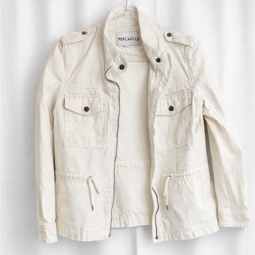 Woman’s J.Crew Mercantile women's white denim utility jacket. Size Small